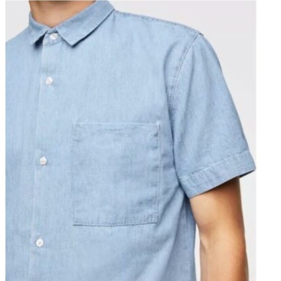 Zara Man Regular Fit Basic Denim Short Sleeve Button Down Shirt - M - Picture 3 of 4